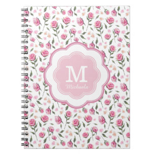Caderno Espiral Monograma Rosas Rosa Românticas Bonito Padrão