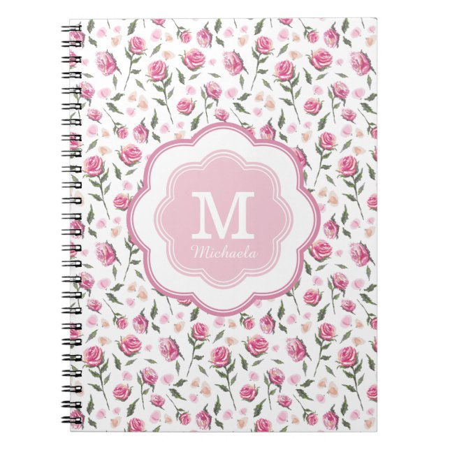 Caderno Espiral Monograma Rosas Rosa Românticas Bonito Padrão (Frente)