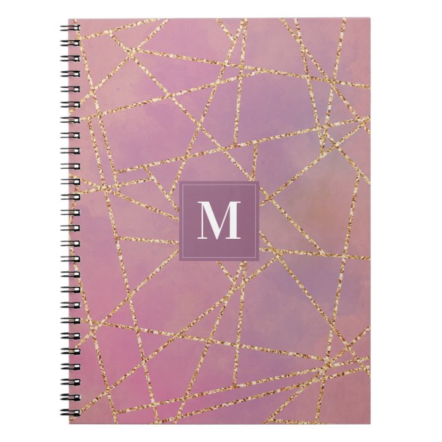 Caderno Espiral Monograma Roxo e Glitter Dourado Geométrico (Frente)