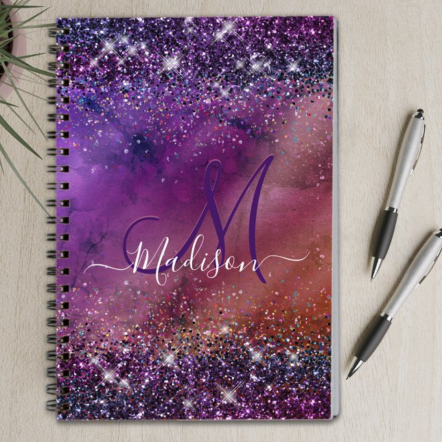 Caderno Espiral Monograma roxo iridescente de metal esfregado n (Criador carregado)