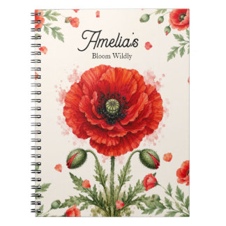 Caderno Espiral Monograma Simétrico de Papoula Vermelha em Aquarel