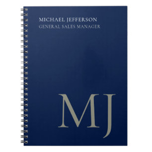 Caderno Espiral Monograma Simples Azul Escuro Tendência Negócios