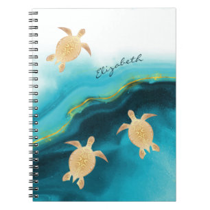 Caderno Espiral Monograma Tribal de Cor Azul com Tartaruga Dourada