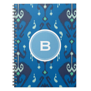 Caderno Espiral Monograma tribal do teste padrão do ikat azul