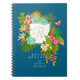 Caderno Espiral Monograma Tropical de Jardim Monograma Azul