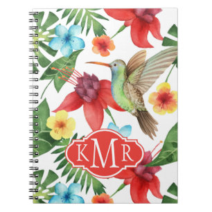 Caderno Espiral Monograma tropical do colibri  