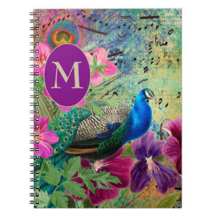 Caderno Espiral Monograma Verde Azul de Peacock Elegante  