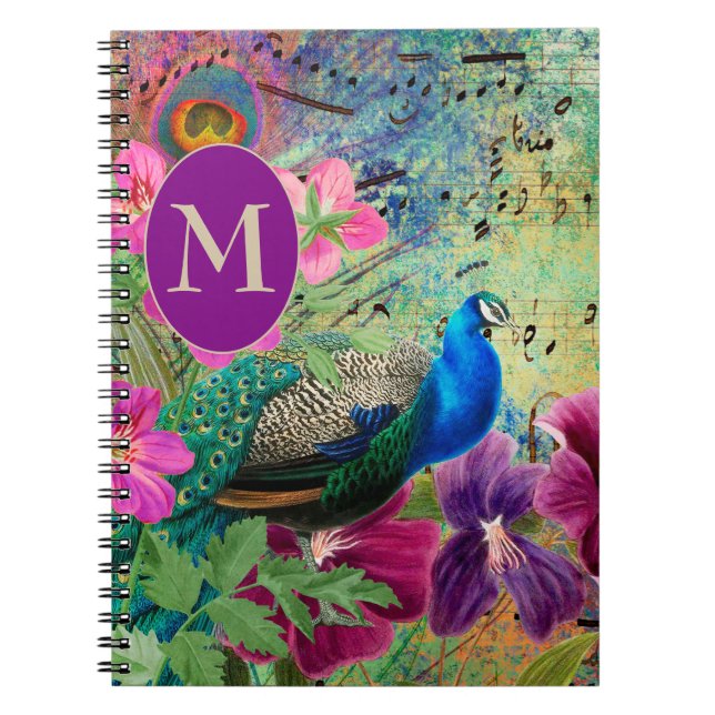 Caderno Espiral Monograma Verde Azul de Peacock Elegante (Frente)