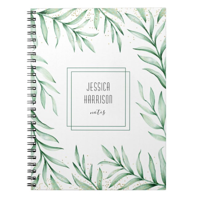 Caderno Espiral Monograma Verde Elegante Folhas de Aquarela (Frente)