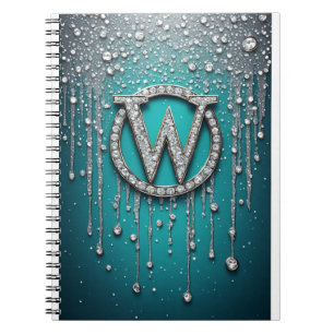Caderno Espiral Monograma W em Glitter Gotejante Azul Turquesa