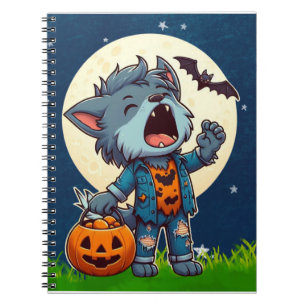 Caderno Espiral Monstro de lobisomem girino bonito com abóbora