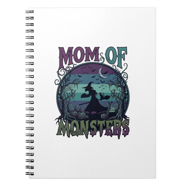Caderno Espiral Monstros Mãe Halloween Bruxa Lua Abóboras Cemitéri (Frente)