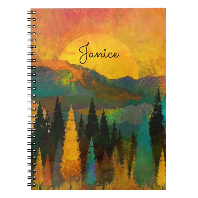 Caderno Espiral Montanha Sunshine Personalizar Nome Azul Verde Dou (Frente)