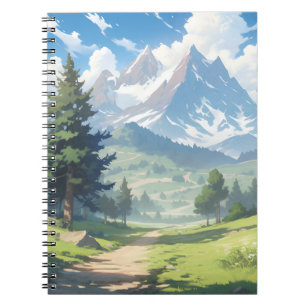 Caderno Espiral Montanhas com capas de neve e Floresta Verde Esmag