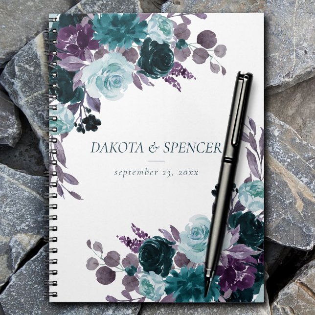 Caderno Espiral Moody Boho | Alfândega Floral de Rosa Teal e Roxo (Criador carregado)