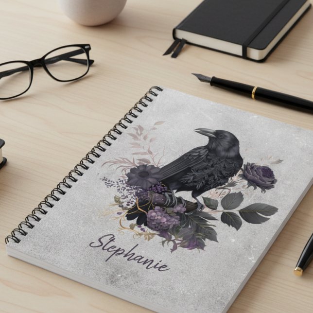 Caderno Espiral Moody Dark Academia Raven Spiral (Black raven midnight blooms personalized notebook)
