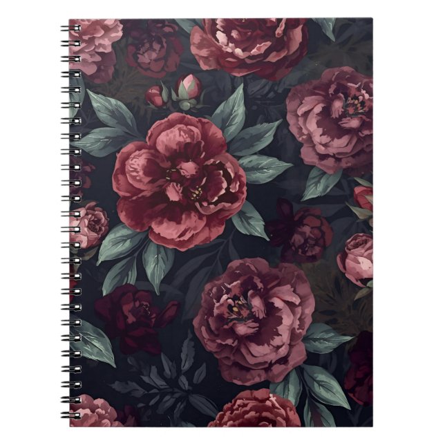 Caderno Espiral Moody Florals Watercolor Dark Red Pattern (Frente)