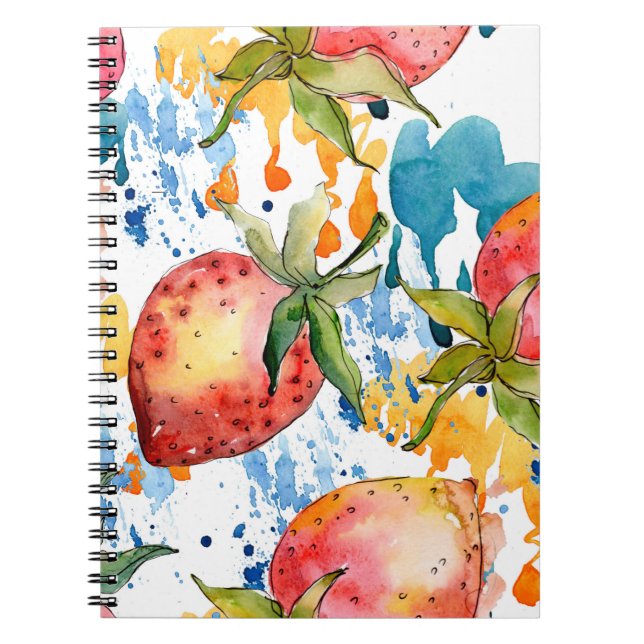 Caderno Espiral Morangos comida saudável. Fundo de aquarela ill (Frente)