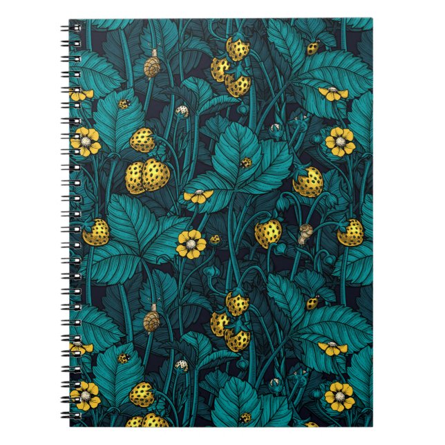 Caderno Espiral Morangos silvestres, bloco notebook amarelo e azul (Frente)