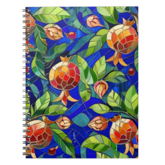 Caderno Espiral Mosaico Pomegranato Azul Escuro e Fruta Vermelha