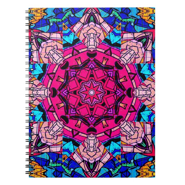 Caderno Espiral Mosaico Rosa Mandala Floral Psicélico Retro (Frente)