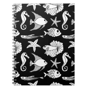 Caderno Espiral Motif De Peixe: Padrão Branco Preto.
