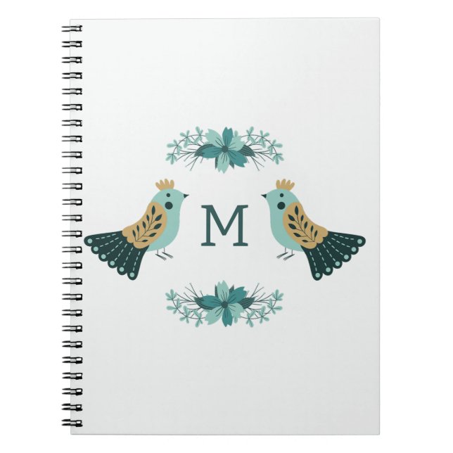 Caderno Espiral Motif popular escandinavo com aves e flores (Frente)