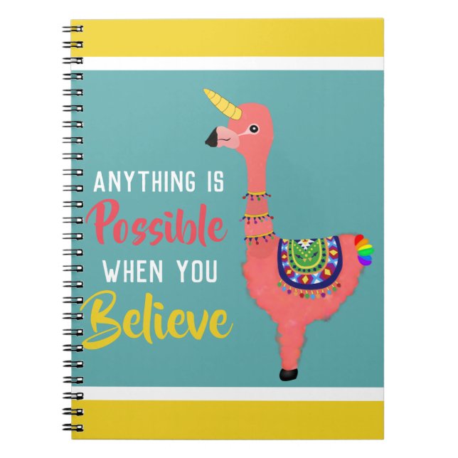 Caderno Espiral Motivação Unicorn Flamingo llama Acredita Citação (Frente)
