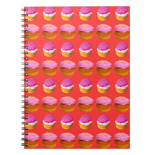 Caderno Espiral Muffins, cupcakes com creme branco e rosa em um r (Frente)