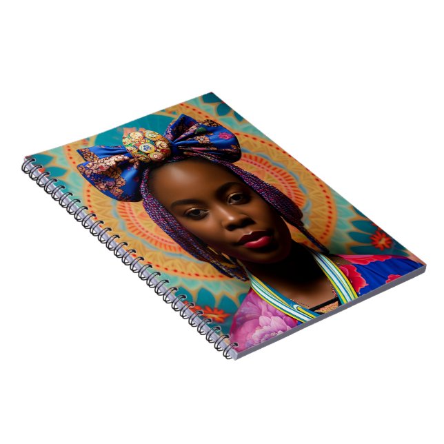 Caderno Espiral Mulher africana com grande arco e medalhão (Lado Direito)