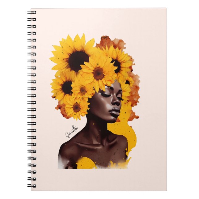 Caderno Espiral Mulher afro-americana com afro afro girassol (Frente)
