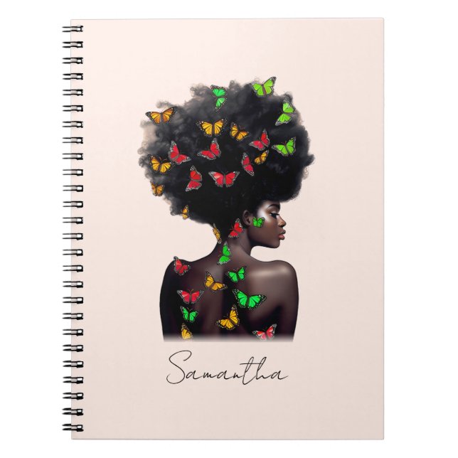 Caderno Espiral Mulher Afro-Americana com borboleta Preenchida Afr (Frente)