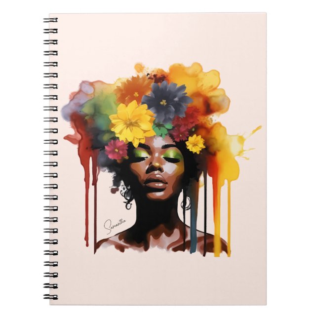 Caderno Espiral Mulher afro-americana com cabelo afro floral (Frente)