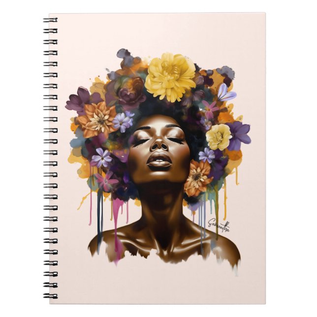 Caderno Espiral Mulher afro-americana com cabelo afro floral (3) (Frente)