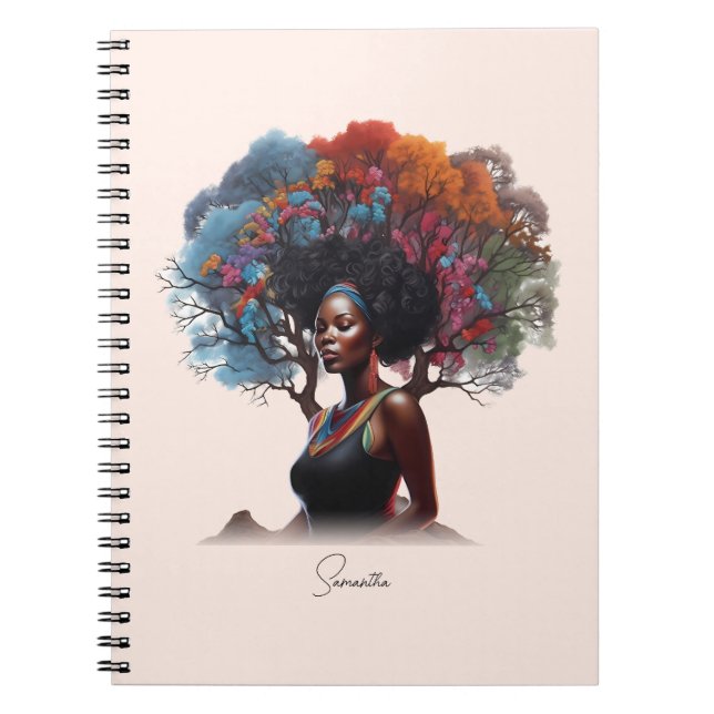 Caderno Espiral Mulher afro-americana com cabelo estragado em árvo (Frente)