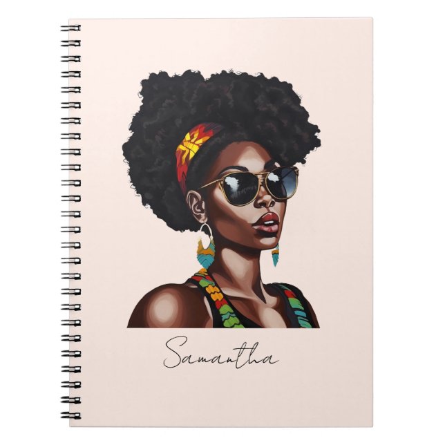 Caderno Espiral Mulher afro-americana com óculos de sol chic (Frente)