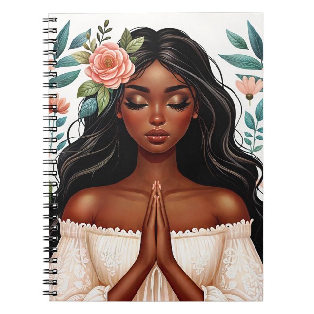 Caderno Espiral Mulher Afro-Americana Orando Floral (Frente)