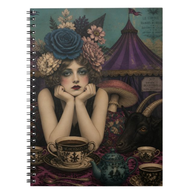 Caderno Espiral Mulher Bebe Chá no Circo Com Bode Preto (Frente)