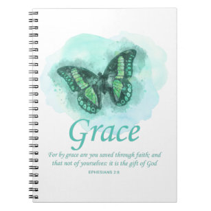 Caderno Espiral Mulher Bíblia cristã Borboleta Verse: Graça