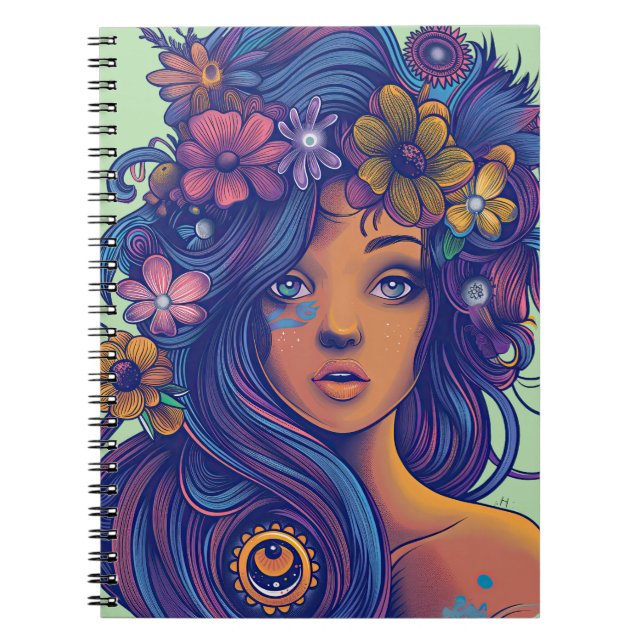 Caderno Espiral Mulher Boho Fantasy com Cabelo Floral (Frente)