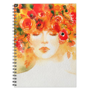 Caderno Espiral Mulher bonita de aquarela vestindo coroa