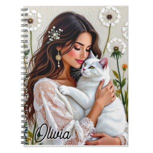 Caderno Espiral Mulher Bonita, Gato e Dandelions Personalizado