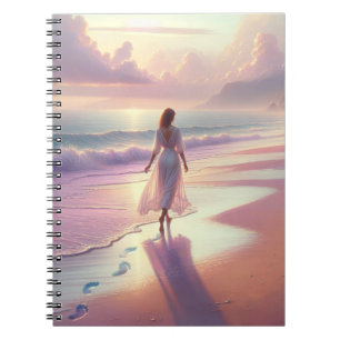 Caderno Espiral Mulher bonito deixando pegadas em uma praia