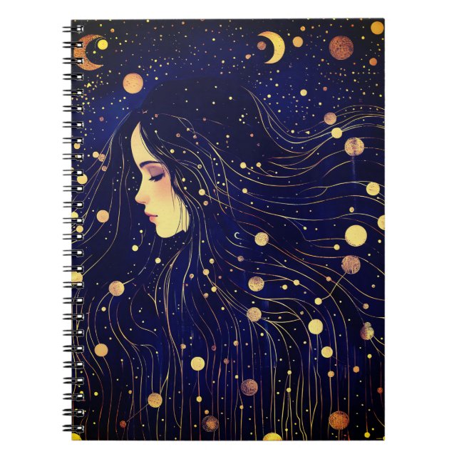 Caderno Espiral Mulher Celestial Deusa Lua Estende Céu (Frente)