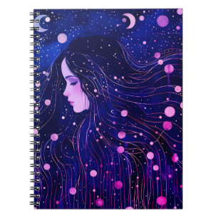 Caderno Espiral Mulher Celestial Deusa Lua Estrelas Céu