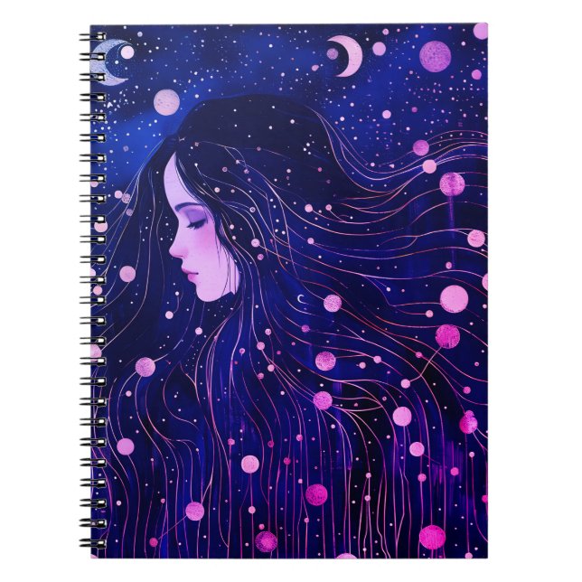 Caderno Espiral Mulher Celestial Deusa Lua Estrelas Céu (Frente)
