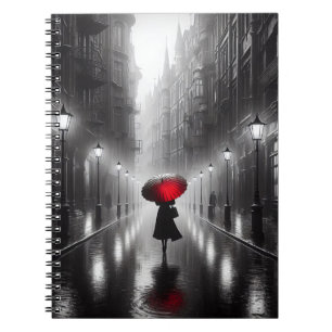Caderno Espiral Mulher Com Guarda-Chuva Vermelha Na Chuva