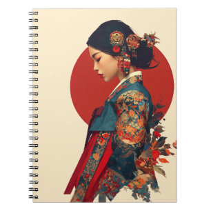 Caderno Espiral Mulher Coreana Elegante em Retrato de Hanbok em Te