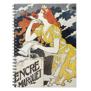 Caderno Espiral Mulher de Cabelo Vermelho Vestido Amarelo Arte Nov