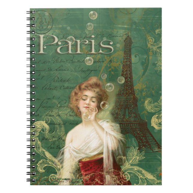 Caderno Espiral Mulher do Art Deco Paris com bolhas Torre Eiffel (Frente)